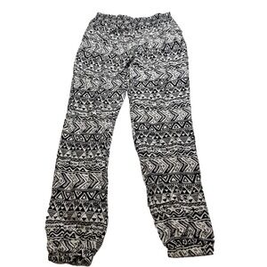 Shosho Womens Tribal Geometric Print Jogger Pants Black White Rayon Size M